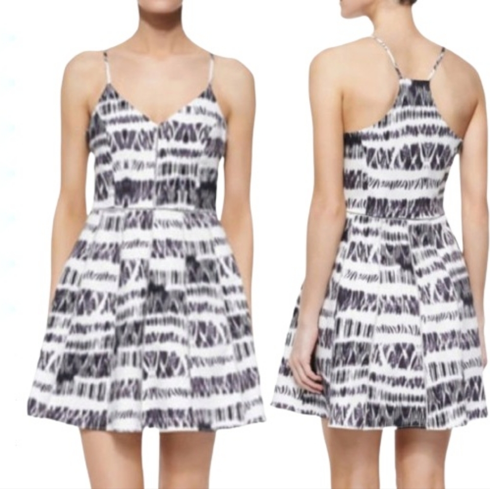 Parker Juliet Mini Dress Abstract Print Ivory Black Fit & Flare Ladder Trim